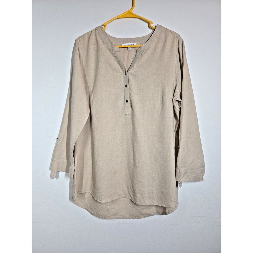 Emily Daniels Women's Linen Blend Popover Shirt Tunic Roll up Sleeve LARGE Beige